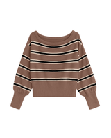 STRIPPED OFF SHOULDER KNITTED TOP BROWN