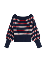 STRIPPED OFF SHOULDER KNITTED TOP NAVY