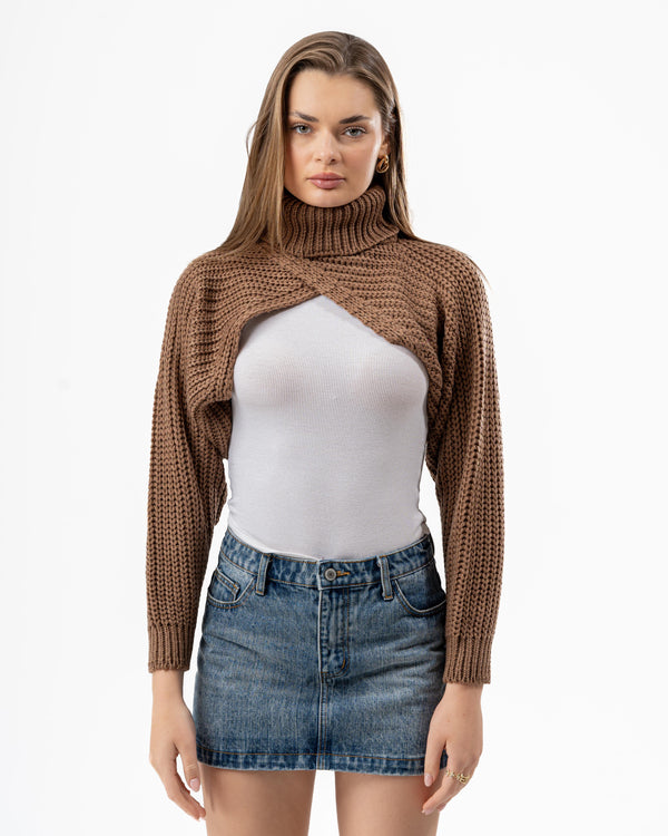 CRISSCROSS KNITTED TOP BROWN