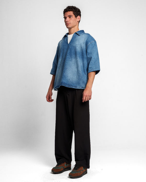 V NECK DENIM SHIRT BLUE