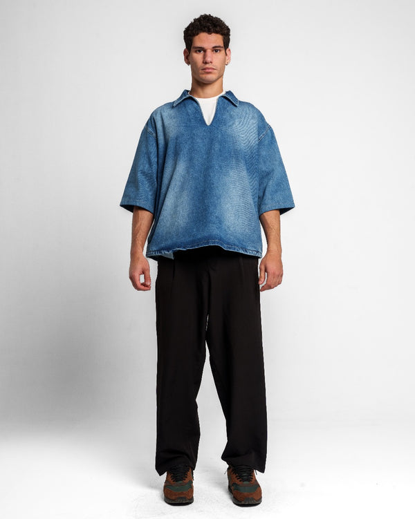 V NECK DENIM SHIRT BLUE