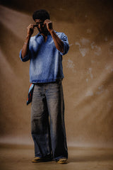 V NECK DENIM SHIRT BLUE