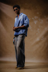 V NECK DENIM SHIRT BLUE