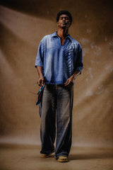 V NECK DENIM SHIRT BLUE