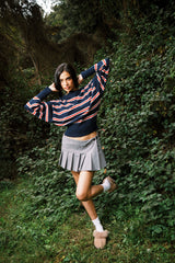 STRIPPED OFF SHOULDER KNITTED TOP NAVY