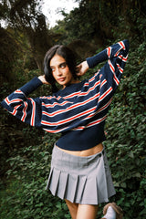 STRIPPED OFF SHOULDER KNITTED TOP NAVY