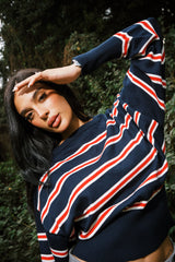 STRIPPED OFF SHOULDER KNITTED TOP NAVY