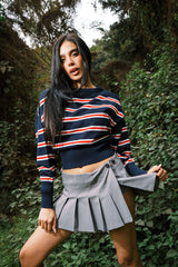 STRIPPED OFF SHOULDER KNITTED TOP NAVY