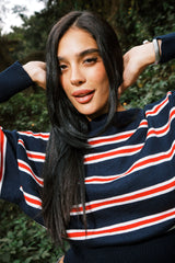 STRIPPED OFF SHOULDER KNITTED TOP NAVY