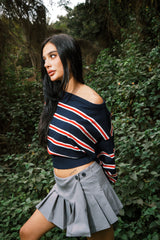 STRIPPED OFF SHOULDER KNITTED TOP NAVY