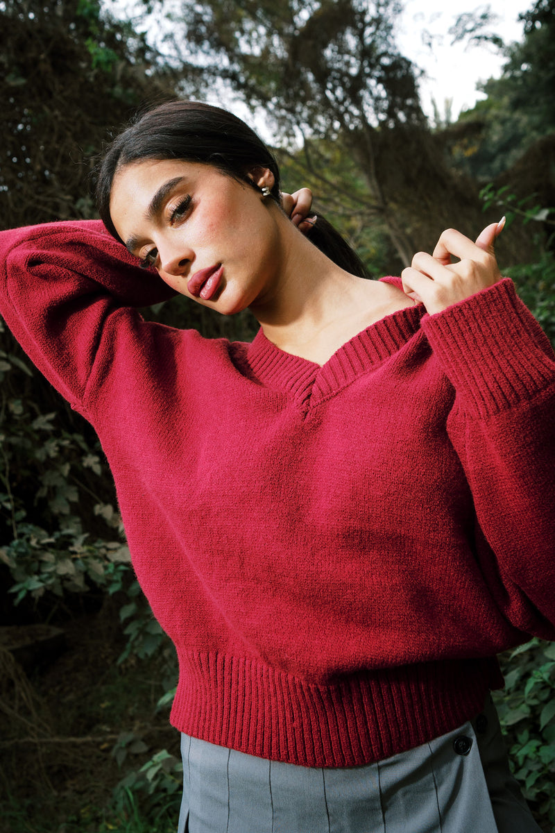 V KNITTED SWEATER BURGUNDY