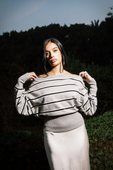 STRIPPED OFF SHOULDER KNITTED TOP GREY