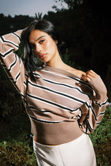 STRIPPED OFF SHOULDER KNITTED TOP BROWN
