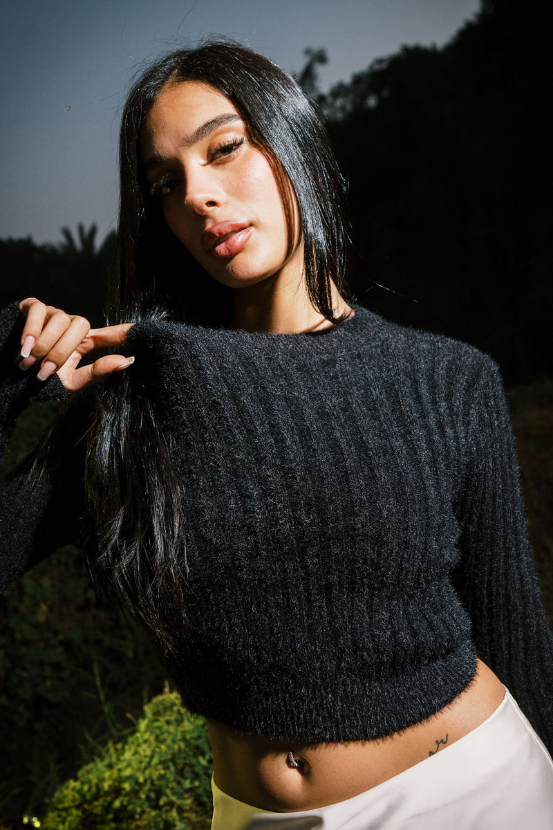 STRIPPED MOHAIR TOP BLACK