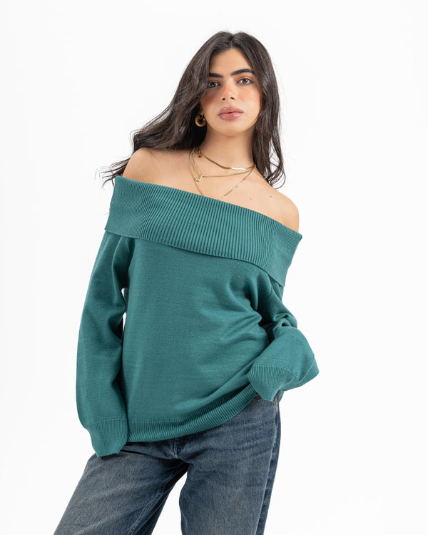 KNITTED OFF SHOULDER TOP DARK TURQUOISE