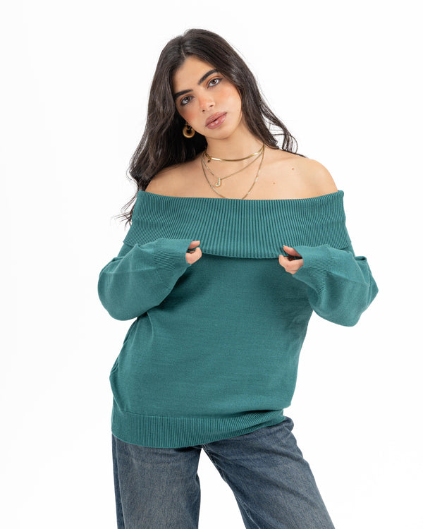 KNITTED OFF SHOULDER TOP DARK TURQUOISE